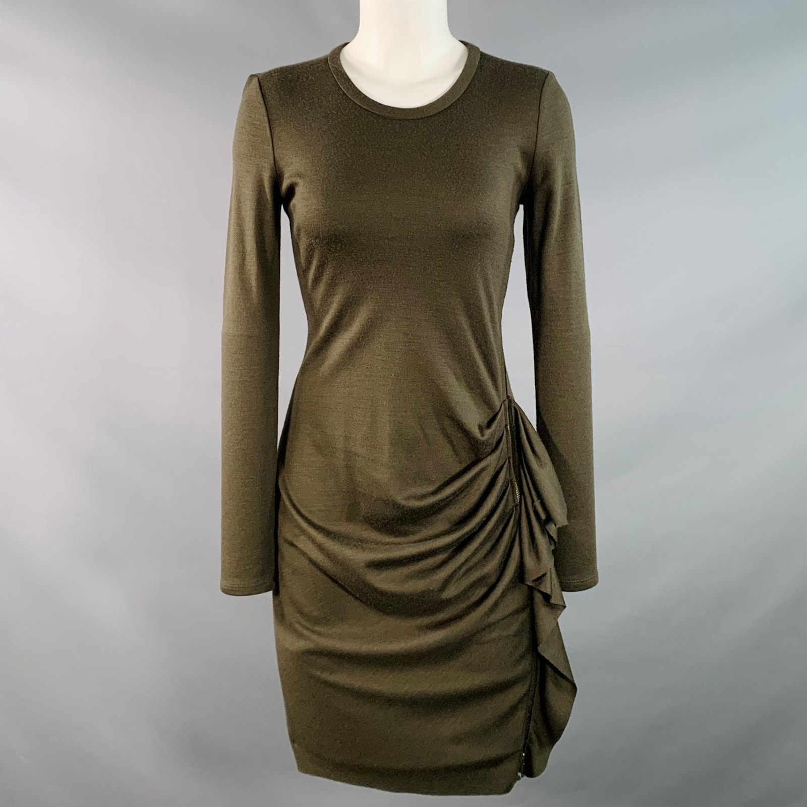 Joseph Size S Olive Green Wool Gathered Side Zipper Midi Dress